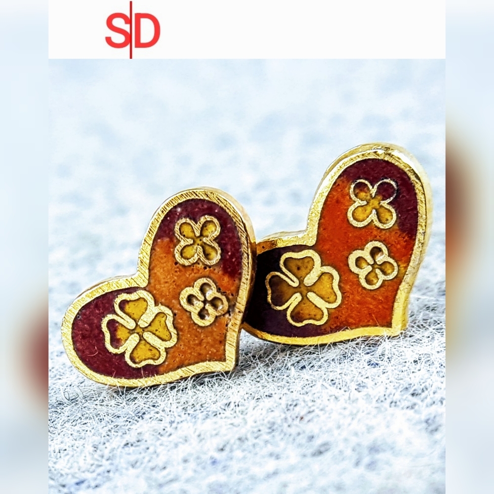 Solid Brass Cloissone (Enamel) Heart Shaped Stud Earring